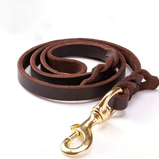Premium Handmade Cowhide Leather Dog Leash - Durable & Stylish for Large Breeds - Brass-Plated Hardware